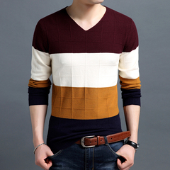 秋冬季长袖毛衣男士青年套头V领韩版针织羊毛衫中年男装打底衫潮