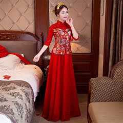 新娘敬酒服旗袍修身2016新款红色中袖结婚中式礼服嫁衣女复古秋冬