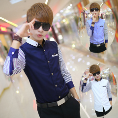 韩版男士修身衬衣青年条纹长袖衬衫休闲寸衫秋季学生潮流衣服男装