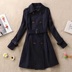 2016新款秋冬女装 韩版OL气质双排扣 系带修身中长款风衣外套大衣