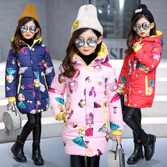 女童新款韩版冬装连帽棉衣中大童卡通加厚棉袄中长款时尚棉服外套