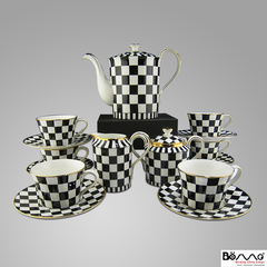 15头高档骨瓷咖啡具茶壶套装陶瓷欧式英式下午茶茶具黑白方格杯