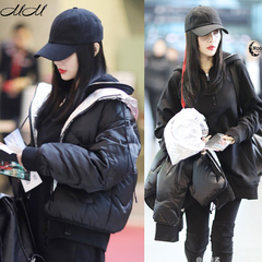 李小璐机场同款连帽宽松卫衣黑色短款棉服女冬装加厚外套套装