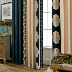 中式古典雪尼尔绣花窗帘成品客厅卧室书房全遮光拼接落地飘窗帘布