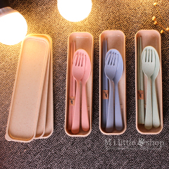 创意环保小麦秸秆旅行学生筷子勺子叉子套装儿童餐具三件套盒装