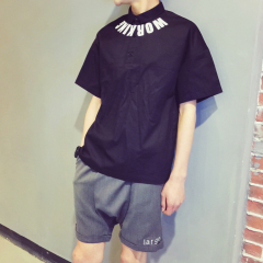 夏季韩版发型师衬衫男士时尚潮流宽松中长款青少年短袖休闲衬衣