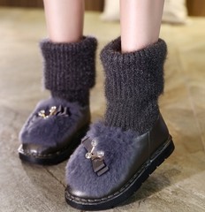 全国包邮 冬季新款女童鞋真兔毛水钻公主靴儿童两穿毛线套脚棉靴