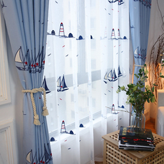 棉麻地中海风格窗帘布料蓝色帆船儿童房男孩卧室客厅阳台定制特价
