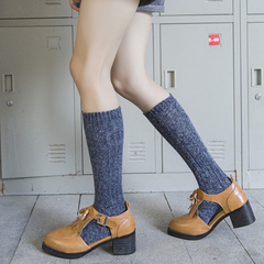 秋冬季日系全棉长款堆堆袜复古粗线女袜加长及膝毛线针织袜