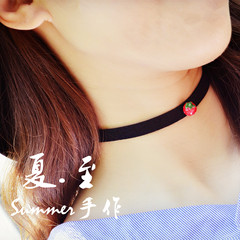 【夏至】手工森系日韩朋克萝莉小草莓绒带脖带项圈个性女锁骨项链