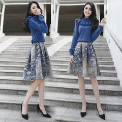 韩版2016秋冬新款女装时尚两件套印花长袖套装裙中长款针织连衣裙