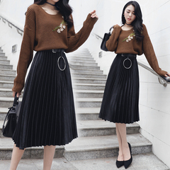 2016韩版冬季新款女装刺绣针织长袖毛衣裙套装中长款两件套连衣裙