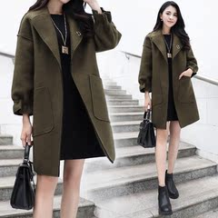 新款2016秋冬女装韩版中长款军绿色呢子大衣冬季风衣茧型毛呢外套