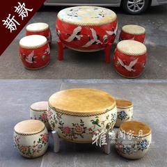 创意中式手工彩绘鼓茶几地中海客厅圆茶桌实木牛皮鼓凳榻榻米家具