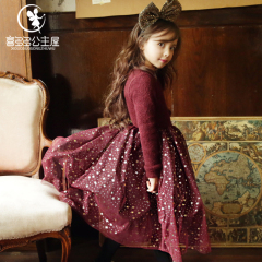 韩版女童连衣裙冬装新款加绒加厚红色网纱新年装公主中长儿童礼服