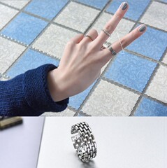 韩国S925纯银复古做旧罗马方砖方格开口戒指时尚潮流食指戒环