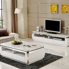 大理石茶几电视柜组合套装白色茶水柜现代简约不锈钢镶边客厅茶桌