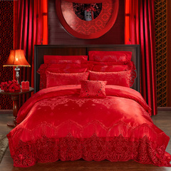 浪漫婚礼婚庆床上用品四件套大红色提花蕾丝床品欧式贡缎结婚套件