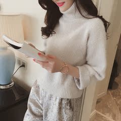 冬季新款时尚纯色高领毛衣女秋冬韩版套头修身七分袖打底针织衫潮