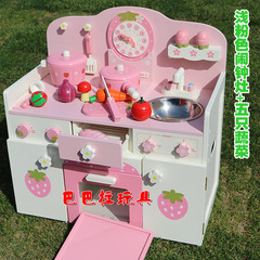 儿童生日礼物草莓粉色闹钟厨房灶台套装 儿童仿真过家家木制玩具