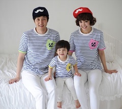 韩国亲子装夏装新款2016母子父子全家装白蓝条纹纯棉短袖口袋T恤