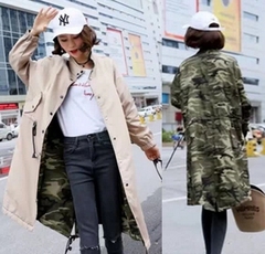 韩国东大门2016秋装新款迷彩拼纯色两面穿宽松BF风中长款风衣外套