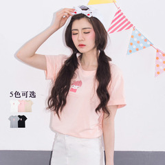 韩版可爱裸粉色女生宽松圆领卡通短袖T恤学生印花棉质打底衫上衣