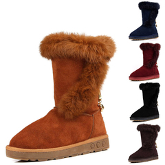 兔毛雪地靴 女靴子冬季中筒靴平底女鞋 加厚牛筋底棉靴