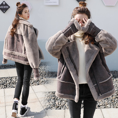 2016冬季新款韩版学生纯色百搭长袖大翻领加厚鹿皮绒羊羔毛外套女