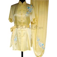 夏季太极服 女款短袖练功服黄色刺绣蓝花 含腰带弹力真丝绸427