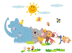 大象太阳白云小草动物贴纸卡通墙贴儿童房间幼儿园教室贴画