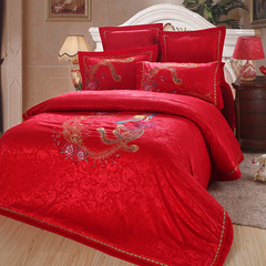 罗缦家纺 龙凤呈祥 新婚庆床品大红色 四件套纯棉1.8米床上用品绣