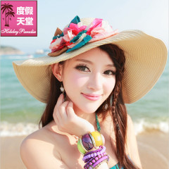 新款波西米亚太阳帽遮阳帽大沿沙滩帽大檐帽大草帽可折叠翻边帽花