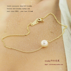 韩国代购首饰纯14k金进口手链 个性单颗珍珠 天然真珍珠手链首饰
