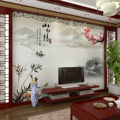 中式水墨山水电视背景墙墙纸壁纸客厅3D立体墙布影视墙字画梅花竹