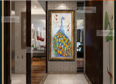 纯手绘抽象孔雀油画客厅玄关竖版装饰油画走廊装饰画彩色孔雀油画