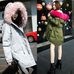 韩国冬装新款军绿色超大彩色毛领棉衣加厚中长款外套学院风棉服女
