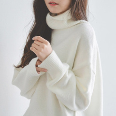 2016秋冬女装韩版新款宽松高领长袖加厚白色套头中长款毛衣针织衫