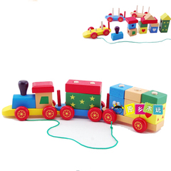 儿童玩具益智木制玩具卡通三节 积木车 特价火车拼插玩具礼物包邮