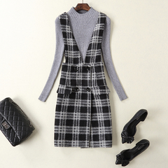 2016冬装新款女装通勤针织衫连衣裙套装格子长袖两件套羊毛打底裙
