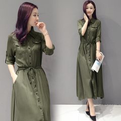 2016年秋季新款韩版长袖单排扣抽绳收腰连衣裙