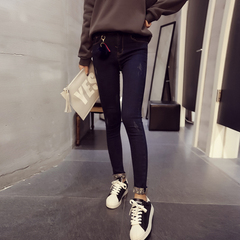 裤子女冬季韩版学生新款时尚高腰磨破显瘦修身弹力铅笔小脚牛仔裤