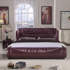 品牌真皮床简约欧式紫红色皮床双人床实木软床1.8米大小户型婚床