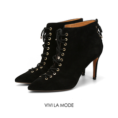 vivi la mode2016新款高跟短靴秋季新款欧美时尚系带真皮细跟女靴