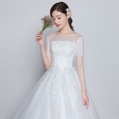 韩版新款短袖复古显瘦白色圆领夏季时尚蕾丝新娘蓬蓬裙婚纱礼服女