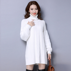 女秋冬韩版中长款宽松圆领套头打底针织衫泡泡袖加厚白色毛衣罩衫
