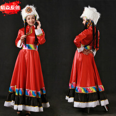 晴焱红色藏族服装连衣裙套装大摆裙舞台演出服定做民族女装C-002