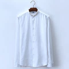 小领棉麻长袖衬衫男士宽松打底白衬衣纯色复古亚麻大码休闲白衬衫