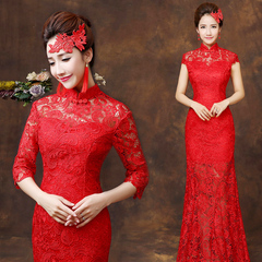 新娘敬酒服旗袍2016新款春季红色长款中式结婚礼服长袖修身显瘦女