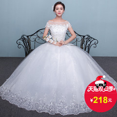 2016冬季新款婚纱礼服韩式大码新娘齐地修身一字肩结婚双肩蕾丝女